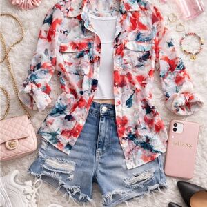 Guess XS Abstract Floral Button-Down Blouse Red White Teal Watercolor Print